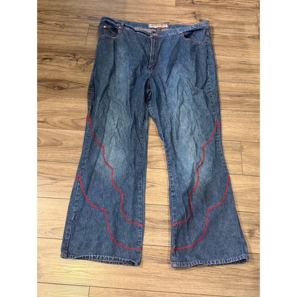 Vintage Y2K Americana Blues Wide Leg Jeans 24W Plus Red Wave Stitch Flare Denim